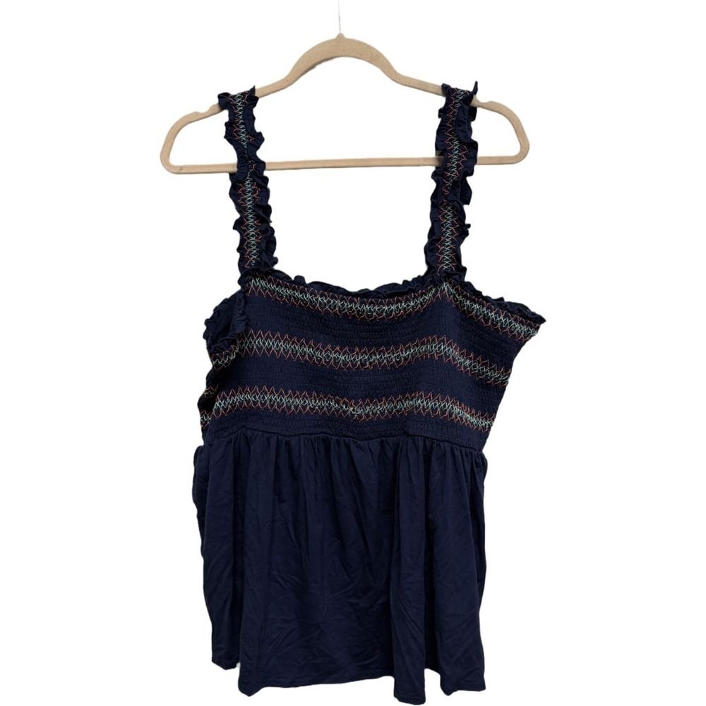 Motherhood Maternity XXL Navy Smocked Embroidered Babydoll Tank Top Ruffle